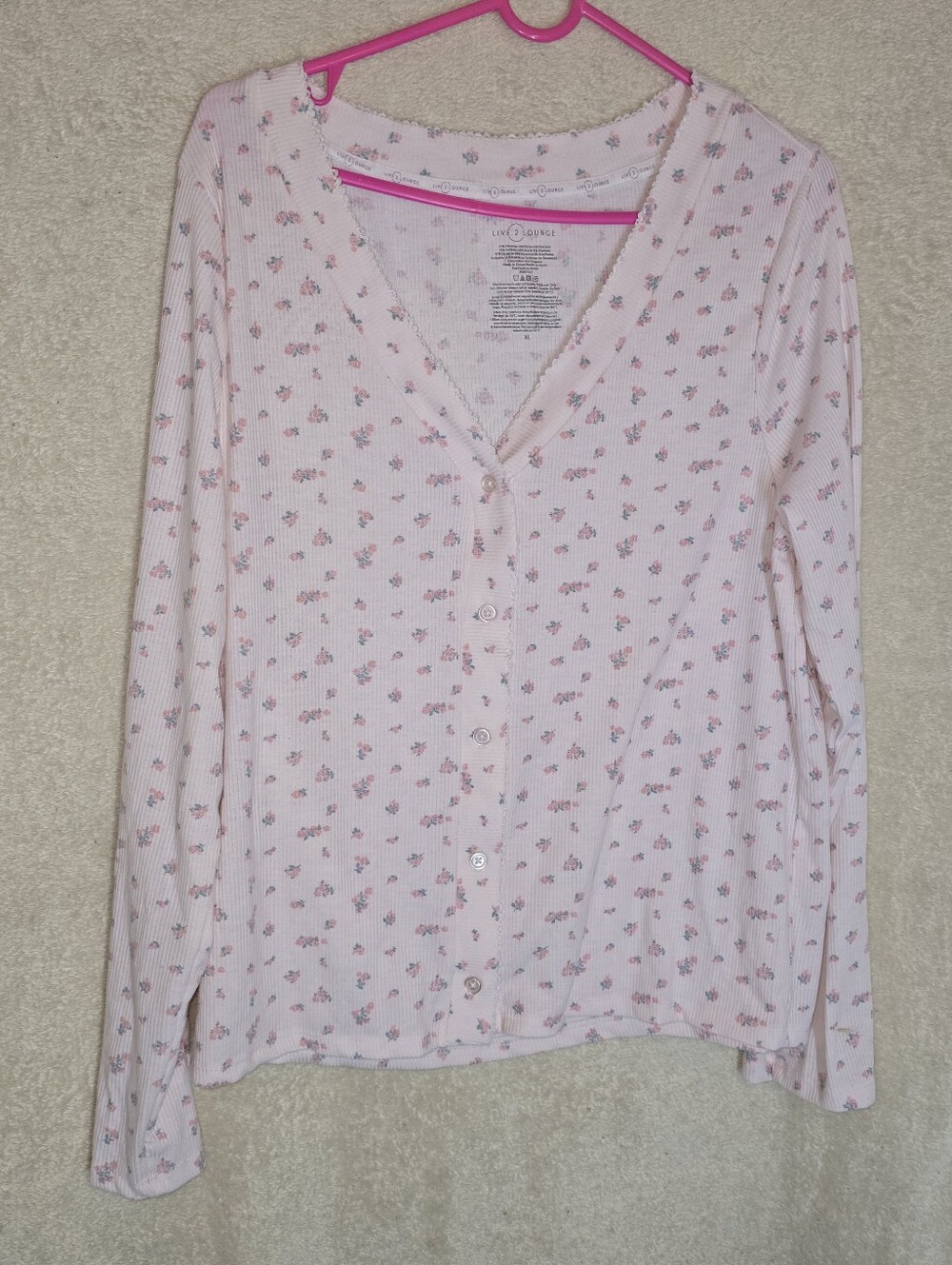 Live 2 Lounge Women's Pink Floral Long Sleeve Cardigan V-Neck Picot Trim Size XL